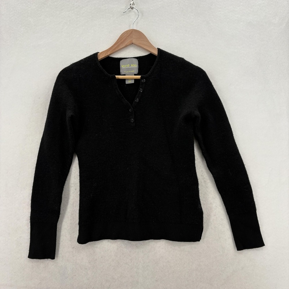 Wicked Wool Sweater Womens M Black Merino Wool Henley Long Sleeve Knit Pullover